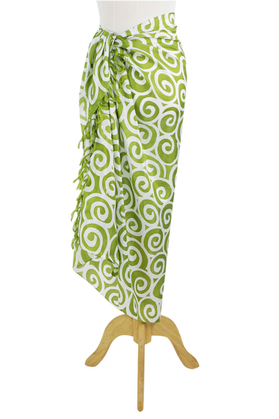 Silk batik sarong, 'Lime Spiral' - Handcrafted Thai Silk Batik Sarong in Green and White