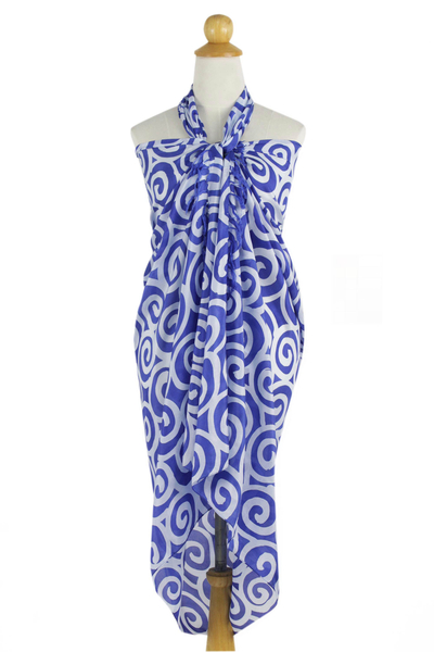 Silk batik sarong, 'Blueberry Spiral' - Artisan Crafted Thai Silk Batik Sarong in Blue