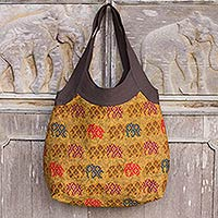 Cotton shoulder bag, 'Afternoon Parade of Elephants' - Womens Cotton Zippered Handbag with Elephants from Thailand