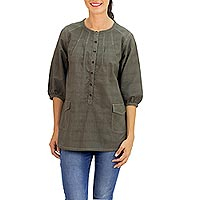 Cotton tunic, 'Nature Walk in Olive' - Cotton Tunic in Dark Olive with 2 Pockets from Thailand