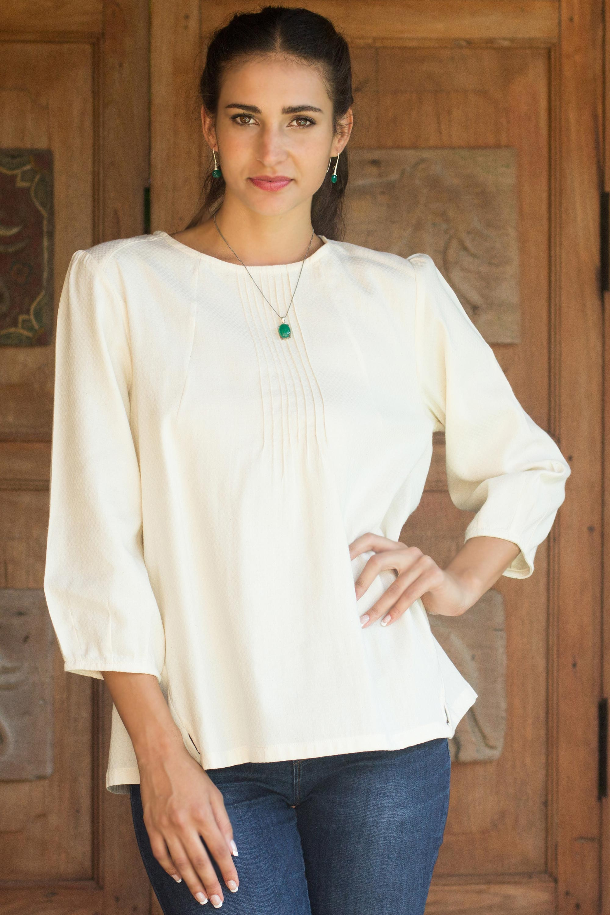 UNICEF Market | Cotton Blouse in Cream Color Round Neck and Long