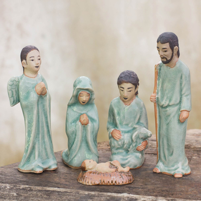 Celadon ceramic nativity scene, 'Blessed Nativity' (set of 5) - Hand Crafted Celadon Ceramic Nativity Statuettes (set of 5)