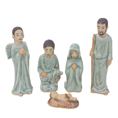 Celadon ceramic nativity scene, 'Blessed Nativity' (set of 5) - Hand Crafted Celadon Ceramic Nativity Statuettes (set of 5)