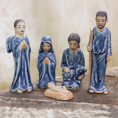 Celadon ceramic nativity scene, Blessed Nativity in Blue (set of 5)