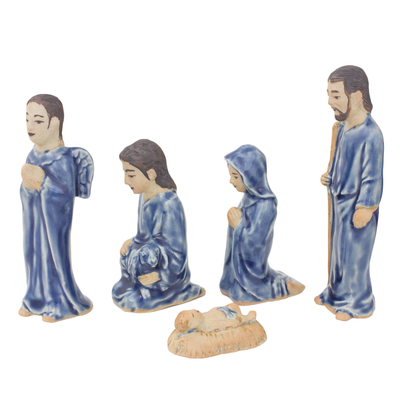 Celadon ceramic nativity scene, 'Blessed Nativity in Blue' (set of 5) - Hand Crafted Celadon Ceramic Nativity Statuettes (set of 5)