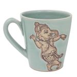 Celadon ceramic mug, 'Whimsical Ganesha' - Light Blue Celadon Ceramic Dancing Ganesha Mug from Thailand