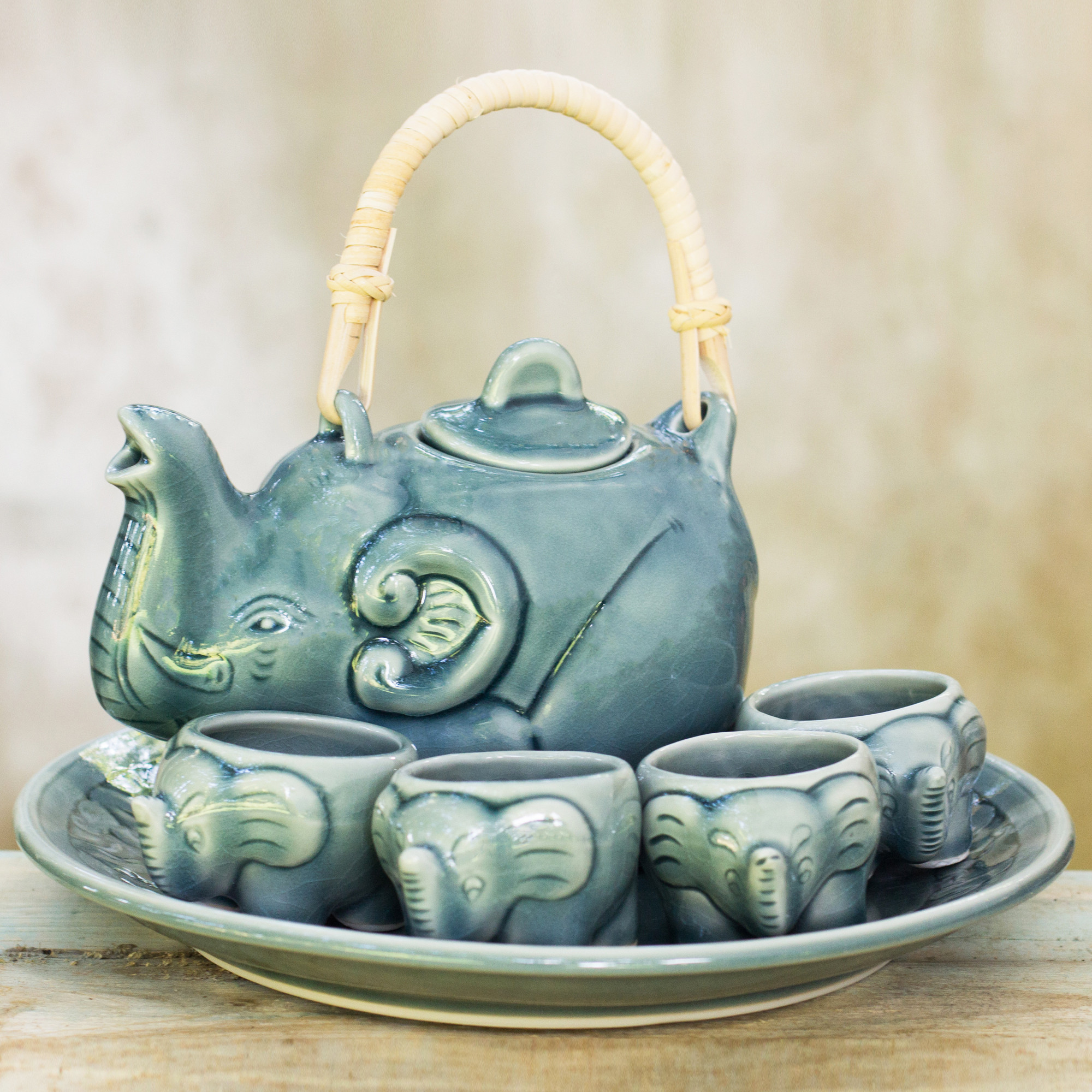 UNICEF Market Fair Trade Thai Blue Celadon Lead Free Elephant Tea Set