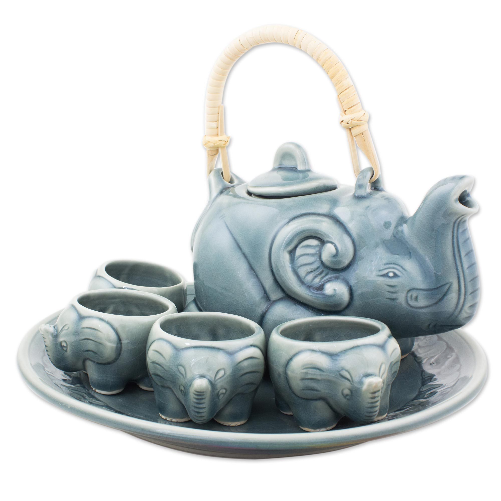 UNICEF Market Fair Trade Thai Blue Celadon Lead Free Elephant Tea Set