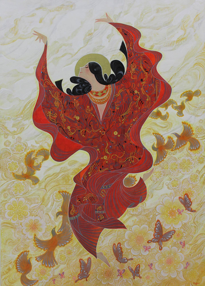 „Dancing in Nature II“ (2015) – Modernes thailändisches Gemälde einer tanzenden Dame in Rot