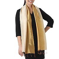 Rayon and silk blend scarf, 'Golden Brown Shimmer' - Golden OmbrÃ© Rayon and Silk Blend Scarf for Women