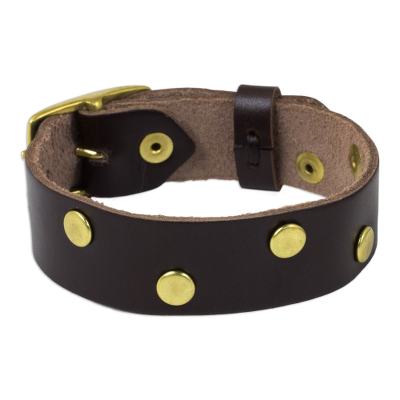 Brown Leather Wristband Bracelet with Brass Stud Zigzag