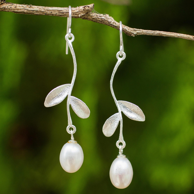Cultured pearl dangle earrings, 'White Jasmine Bud' - White Cultured Pearl Floral Dangle Earrings in Silver 925