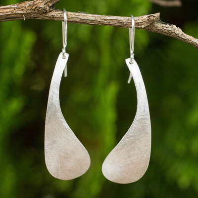 Sterling silver dangle earrings, 'Daisy Petal' - Handcrafted Brushed Sterling Silver Earrings from Thailand