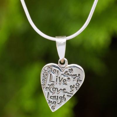 Sterling silver pendant necklace, 'Live, Love, Laugh' - Inspirational Sterling Silver Heart Pendant Necklace