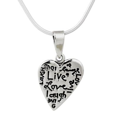 Sterling silver pendant necklace, 'Live, Love, Laugh' - Inspirational Sterling Silver Heart Pendant Necklace