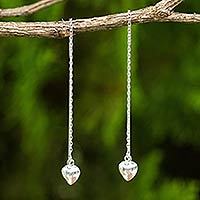 Sterling silver threader earrings, 'Chain of Love' - Sterling Silver Dangle Threader Earrings with Hearts