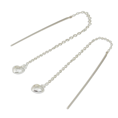 Sterling silver threader earrings, 'Chain of Love' - Sterling Silver Dangle Threader Earrings with Hearts