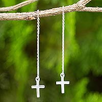 Sterling silver threader earrings, 'Chain of Purity' - Hand Crafted Sterling Silver Cross Threader Earrings