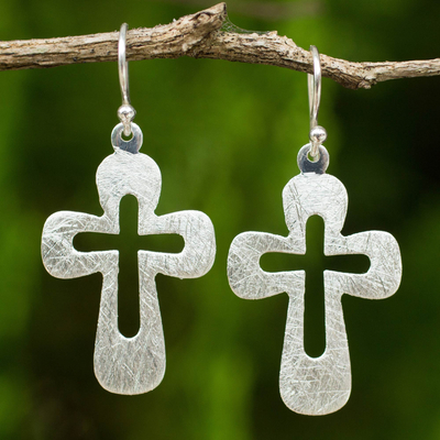 Sterling silver dangle earrings, 'Shining Crosses' - Sterling Silver Cross Earrings from Thailand
