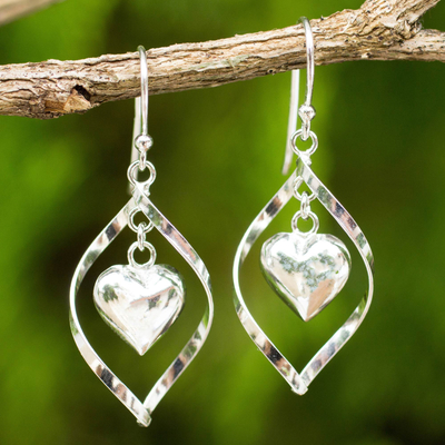 Sterling silver dangle earrings, 'Captive Heart' - Sterling Silver 925 Heart Motif Dangle Earrings