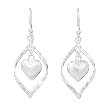 Sterling silver dangle earrings, 'Captive Heart' - Sterling Silver 925 Heart Motif Dangle Earrings