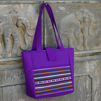 Cotton shoulder bag, 'Lisu Realm in Purple' - Lisu Hill Tribe Applique on Purple Cotton Shoulder Bag