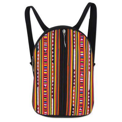 Mochila con apliques de algodón - Apliques multicolores de la tribu Lisu Hill en mochila de algodón negro