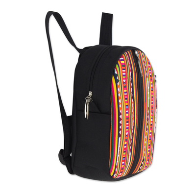 Cotton applique backpack, 'Lisu Rainbow Voyage' - Multicolor Lisu Hill Tribe Applique on Black Cotton Backpack