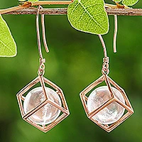 Rose gold plated quartz dangle earrings, 'Frozen Rain' - Artisan Crafted Quartz and Rose Gold Plated Dangle Earrings