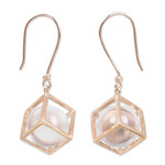 Rose gold plated quartz dangle earrings, 'Frozen Rain' - Artisan Crafted Quartz and Rose Gold Plated Dangle Earrings
