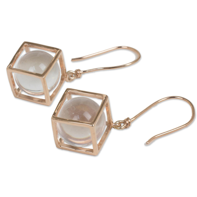 Rose gold plated quartz dangle earrings, 'Frozen Rain' - Artisan Crafted Quartz and Rose Gold Plated Dangle Earrings