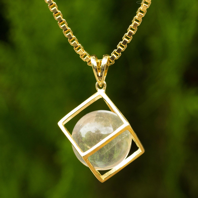 Gold plated quartz pendant necklace, 'Translucent Raindrop' - Gold Plated Crystalline Quartz Artisan Crafted Necklace