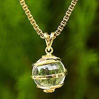 Gold plated quartz pendant necklace, 'Crystalline Spin'