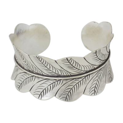 Silver cuff bracelet, 'Thai Leaves' - Hand Crafted Silver Cuff Bracelet with Leaf Motif