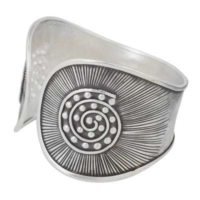 Silver cuff bracelet, 'The Rising Sun' - Hand Crafted Silver Cuff Bracelet with Geometric Motif
