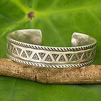 Silver cuff bracelet, 'Karen Stars' - Handmade Silver Cuff Bracelet with Star and Triangle Motif