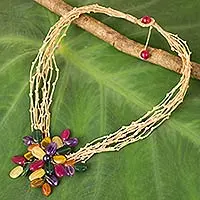 Multi-gemstone beaded pendant necklace, 'Twigs and Flowers' - Colorful Flower Pendant Necklace on Waxed Beige Cords