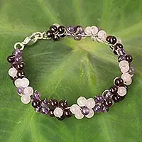 Multi-gemstone beaded bracelet, 'Plum Blossoms' - Artisan Crafted Gemstone Beaded Floral Adjustable Bracelet