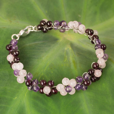 Multi-gemstone beaded bracelet, 'Plum Blossoms' - Artisan Crafted Gemstone Beaded Floral Adjustable Bracelet