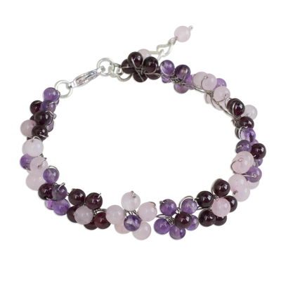 Multi-gemstone beaded bracelet, 'Plum Blossoms' - Artisan Crafted Gemstone Beaded Floral Adjustable Bracelet