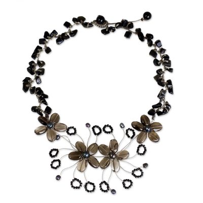Artisan Crafted Smoky Quartz and Onyx Flower Necklace
