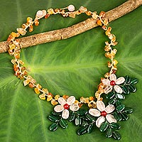 Carnelian and quartz pendant necklace, 'Pink Geranium Trio' - Artisan Crafted Floral Necklace in Quartz and Carnelian