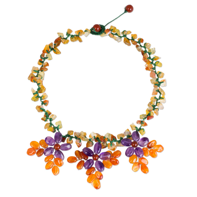 Carnelian and amethyst flower necklace, 'Lilac Geranium Trio' - Carnelian Beaded Necklace Hand Crafted with Amethyst Flowers