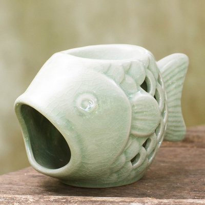 Ölwärmer aus Keramik - Handgefertigter Keramik-Ton-Ölwärmer mit grünem Fisch aus Thailand