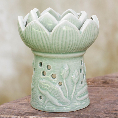 Ceramic oil warmer, 'Fragrant Lotus' - Handcrafted Thai Ceramic Oil Warmer Green Floral Tealight