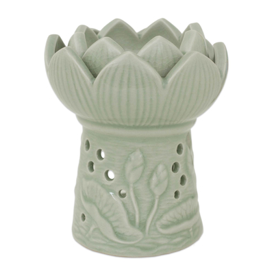 Handcrafted Thai Ceramic Oil Warmer Green Floral Tealight