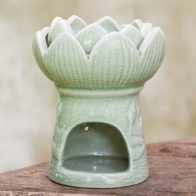 Ceramic oil warmer, 'Fragrant Lotus' - Handcrafted Thai Ceramic Oil Warmer Green Floral Tealight