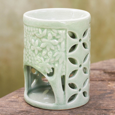 Ceramic oil warmer, 'Happy Forest' - Hand Crafted Ceramic Clay Oil Warmer Thai Green Elephants