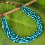 Wood beaded necklace, 'Rising Summer' - Artisan Crafted Blue Wood Statement Necklace from Thailand