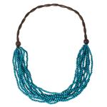 Wood beaded necklace, 'Rising Summer' - Artisan Crafted Blue Wood Statement Necklace from Thailand